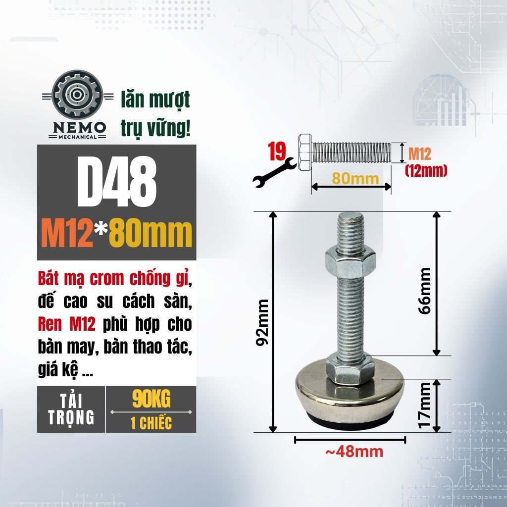 Chân Tăng Chỉnh Bát Thép Mạ Crom – Thẩm Mỹ Cao, Chống Rỉ Sét & Cân Bằng Thiết Bị (M8, M10, M12)